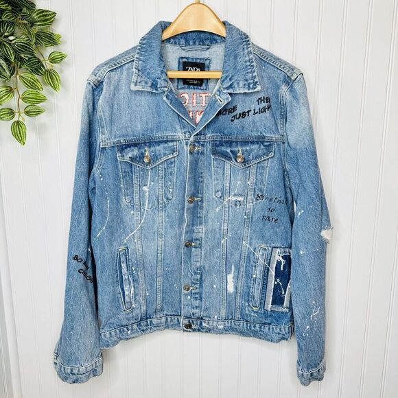 Zara Men’s Sz M Jean Denim Jacket Critical Thinker So Many Choices Just Light - Picture 8 of 16